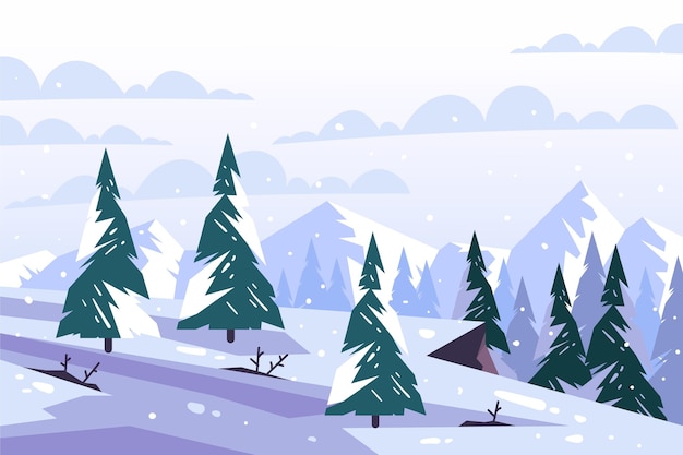 Vector hand drawn flat design winter landscape