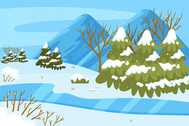 Vector hand drawn flat design winter landscape