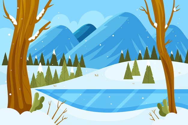 Vector hand drawn flat design winter landscape