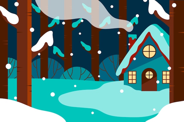 Vector hand drawn flat design winter landscape