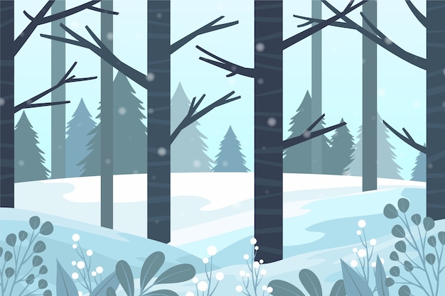 Vector hand drawn flat design winter landscape