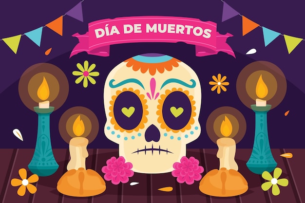 Vettore fondo piatto dia de muertos disegnato a mano