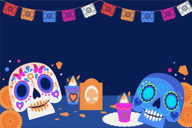 벡터 손으로 그린 평면 dia de muertos 배경