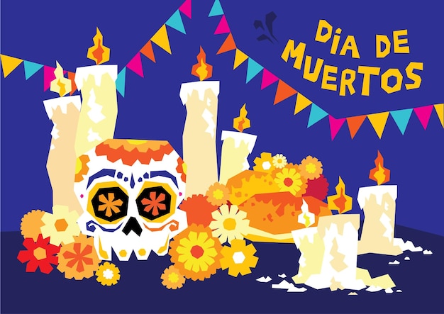 Vettore sfondo piatto dia de muertos disegnato a mano