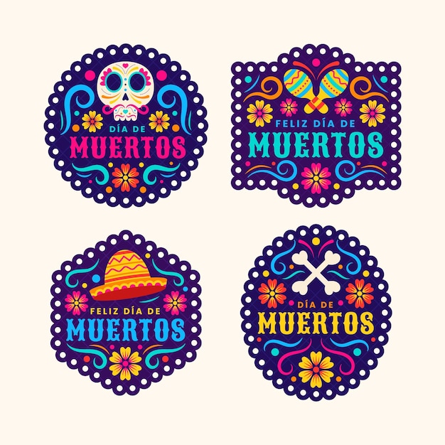 Hand drawn flat dia de muertos badges collection