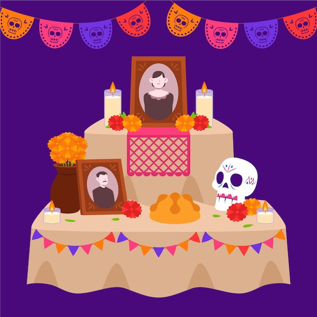 손으로 그린 평면 Dia De Muertos 가족 집 제단 그림