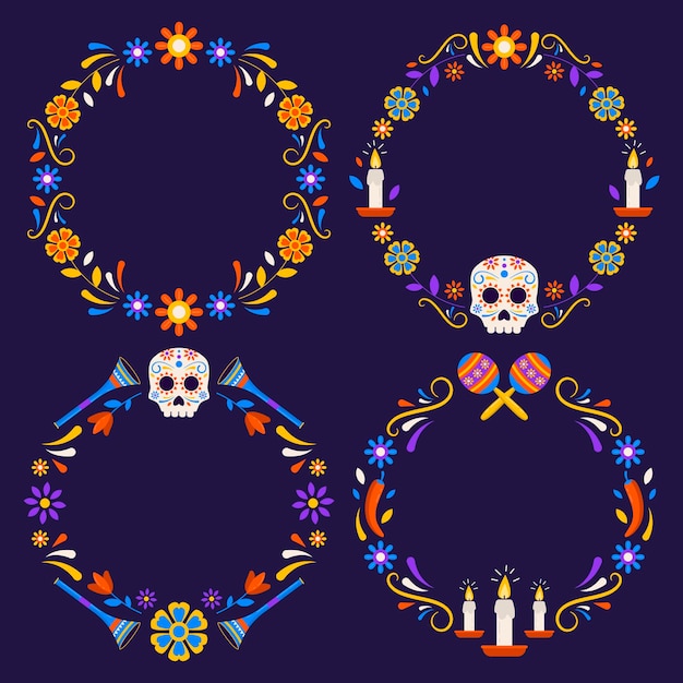 Hand drawn flat dia de muertos frames collection