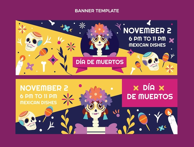 Vector hand drawn flat dia de muertos horizontal banners set