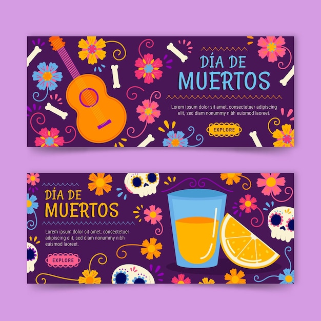 Hand drawn flat dia de muertos horizontal banners set