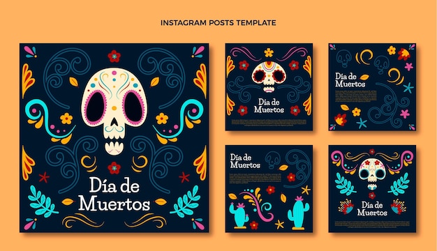 Collezione di post di instagram dia de muertos piatta disegnata a mano