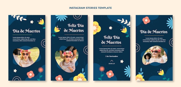 Vector hand drawn flat dia de muertos instagram stories collection