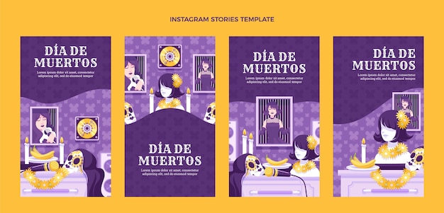 Vector hand drawn flat dia de muertos instagram stories collection