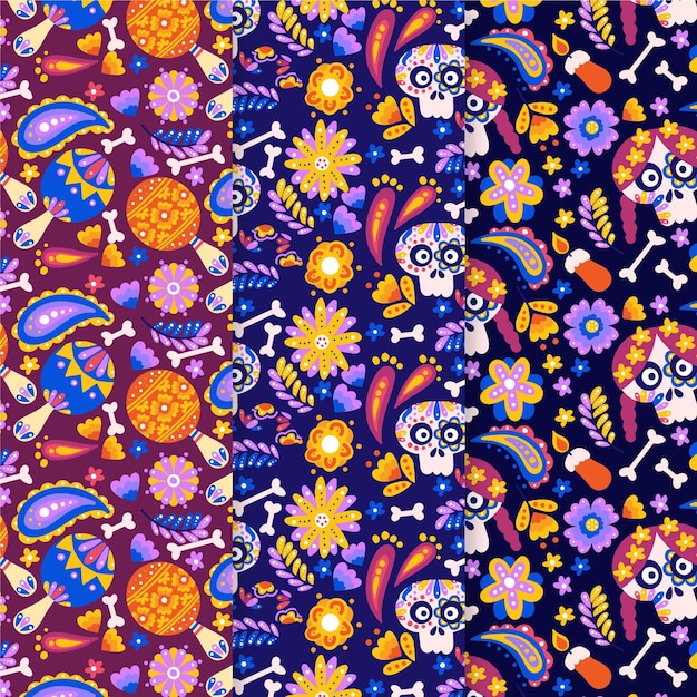 Vector hand drawn flat dia de muertos patterns collection