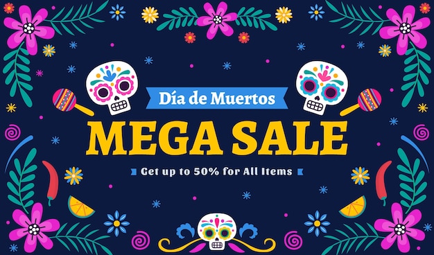 Vector hand drawn flat dia de muertos sale background