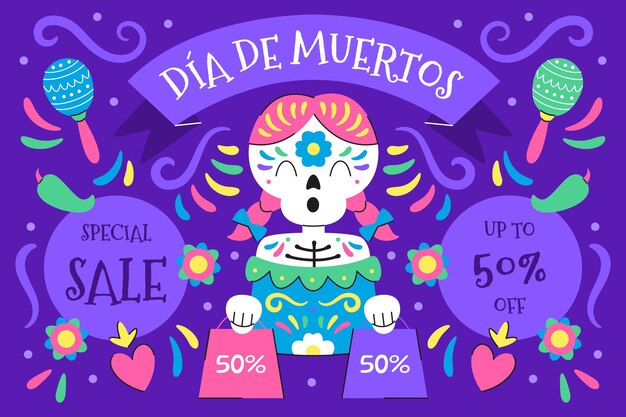 Fondo di vendita piatto dia de muertos disegnato a mano