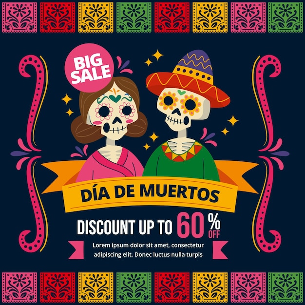 Vector hand drawn flat dia de muertos sale illustration