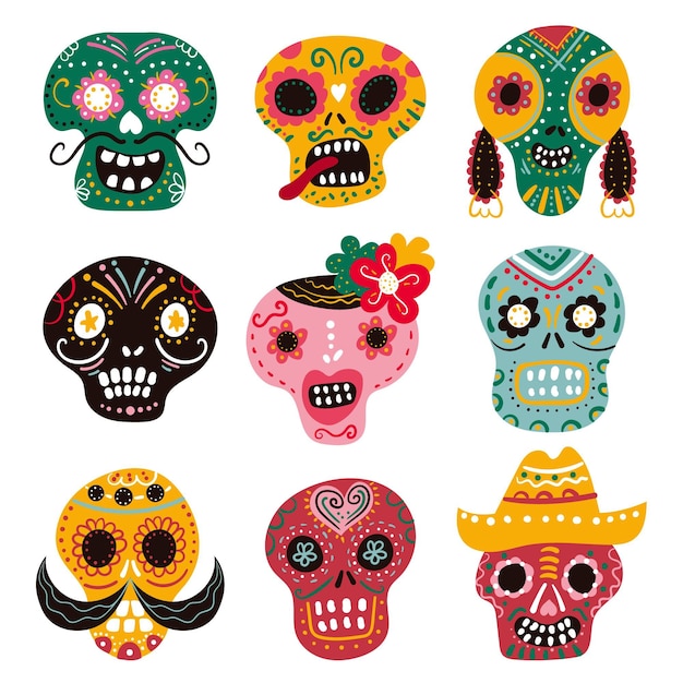 Vector hand drawn flat dia de muertos skulls collection