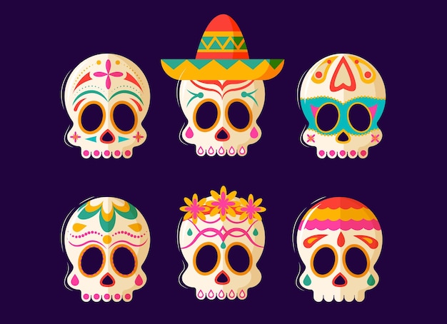 Vector hand drawn flat dia de muertos skulls collection