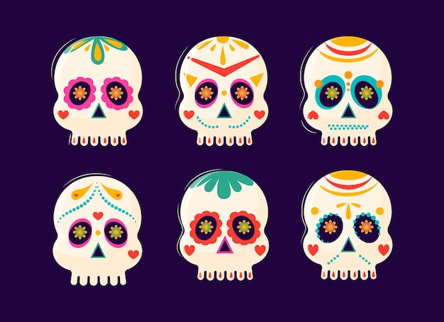 Hand drawn flat dia de muertos skulls collection