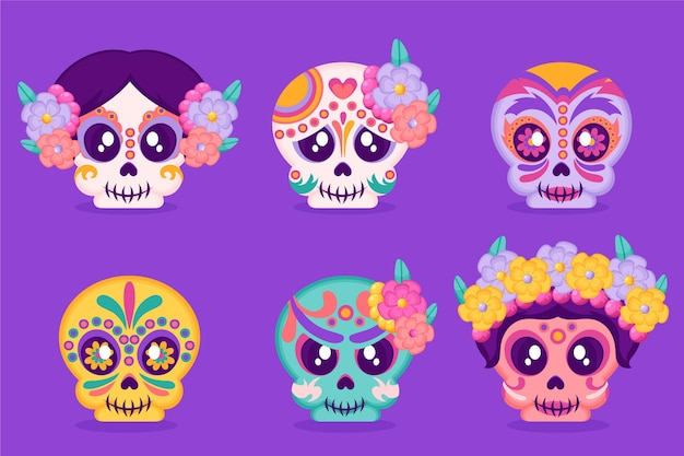 Hand drawn flat dia de muertos skulls collection