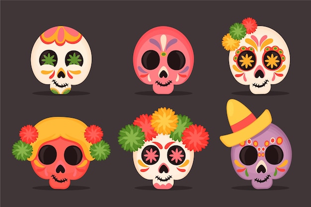 Hand drawn flat dia de muertos skulls collection