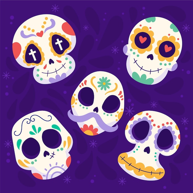 Vector hand drawn flat dia de muertos skulls collection