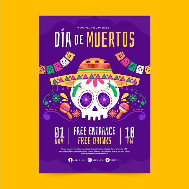 hand drawn flat dia de muertos vertical poster template