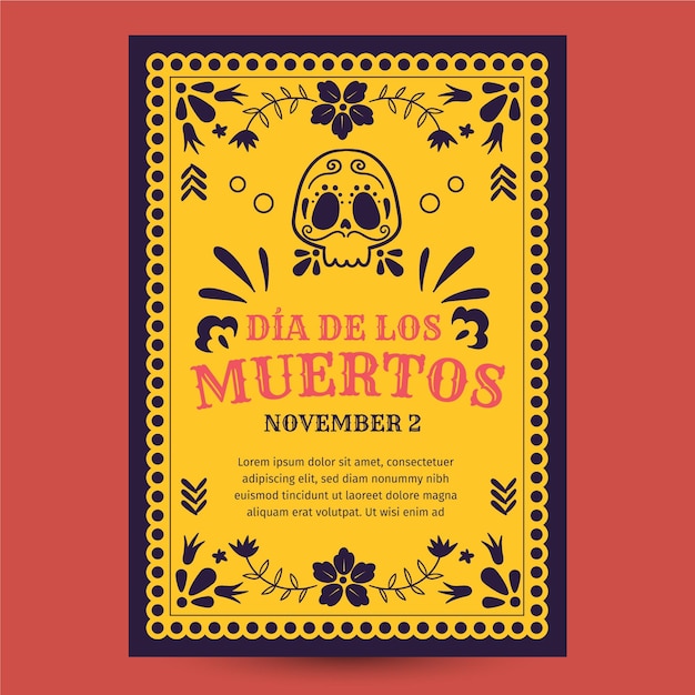 Vector hand drawn flat dia de muertos vertical poster template