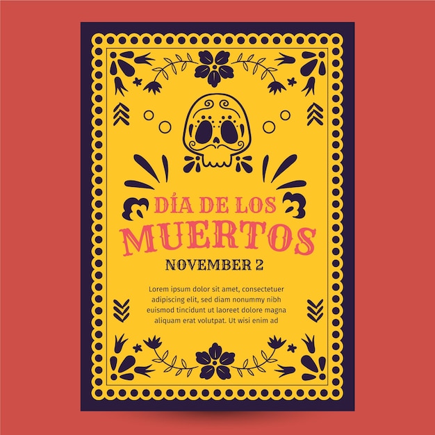 Vector hand drawn flat dia de muertos vertical poster template