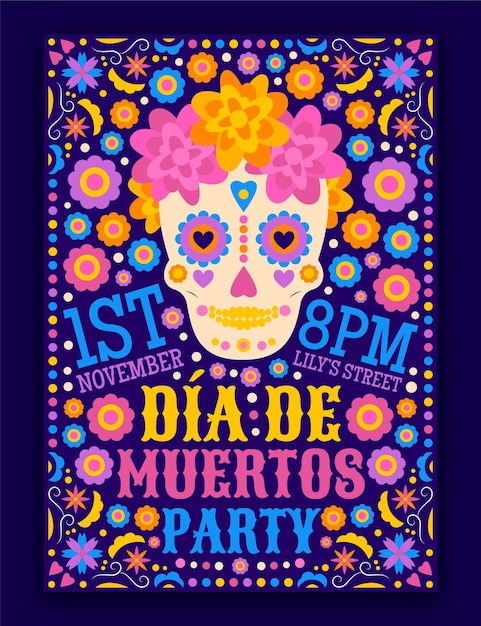 Modello di poster verticale piatto dia de muertos disegnato a mano