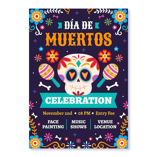 Hand drawn flat dia de muertos vertical poster template