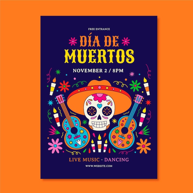 벡터 손으로 그린 평면 dia de muertos 세로 포스터 템플릿