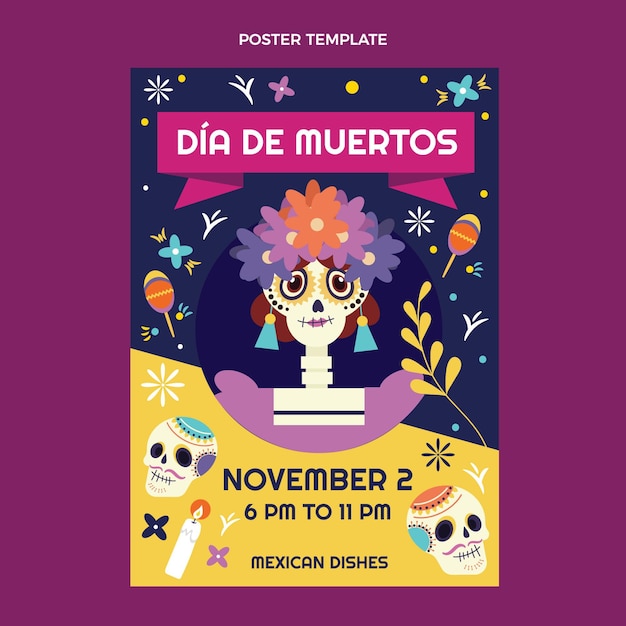 Hand drawn flat dia de muertos vertical poster template