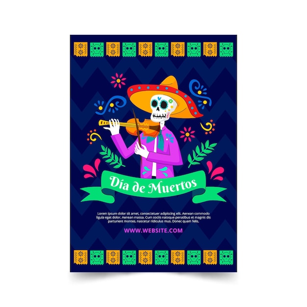 Vector hand drawn flat dia de muertos vertical poster template