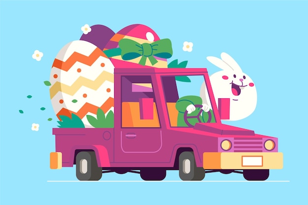 Vector hand drawn flat easter car illustration