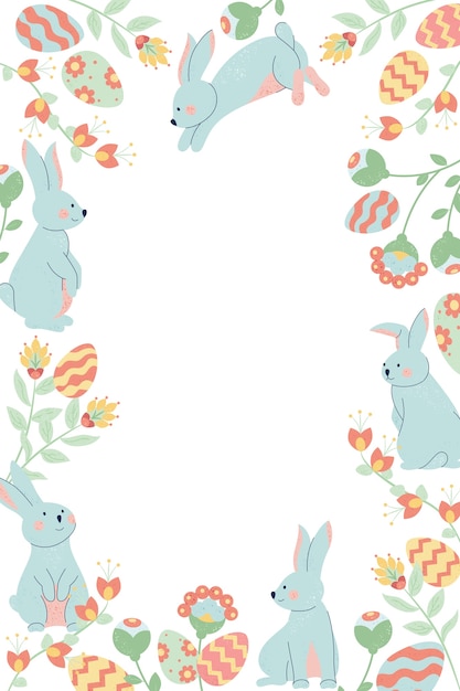 Hand drawn flat easter frame background with rabbits, easter eggs and blooming flowers