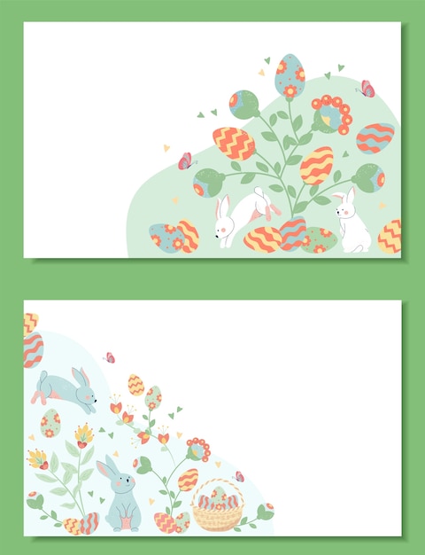 Vector hand drawn flat easter horizontal banner template collection with rabbits and blooming flowers