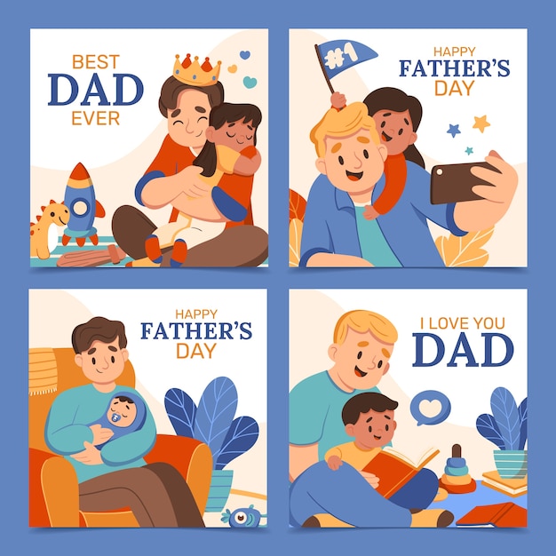 Hand drawn flat fathers day square card set