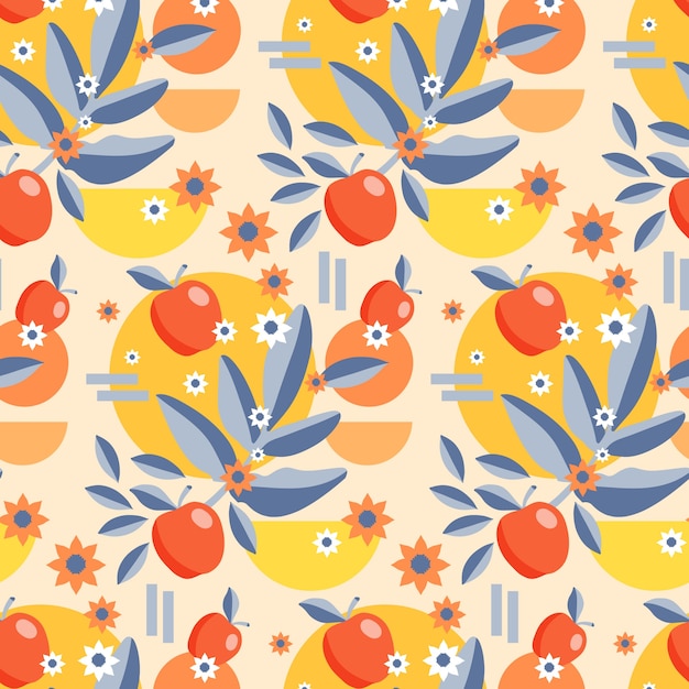 Vector hand drawn flat fruit and floral pattern