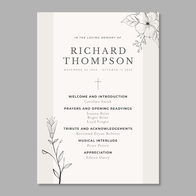 Vector hand drawn flat funeral order of service template