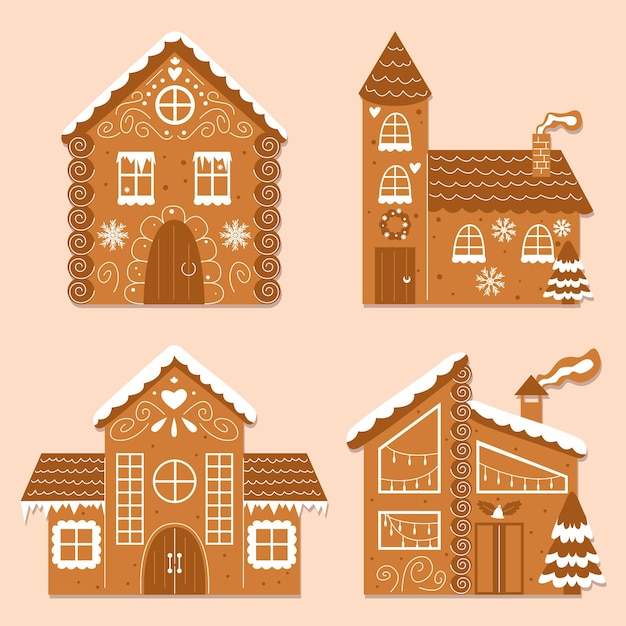 Vector hand drawn flat gingerbread houses collection