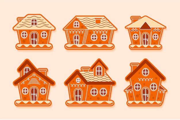 Vector hand drawn flat gingerbread houses collection
