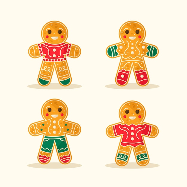 Vector hand drawn flat gingerbread man cookies collection