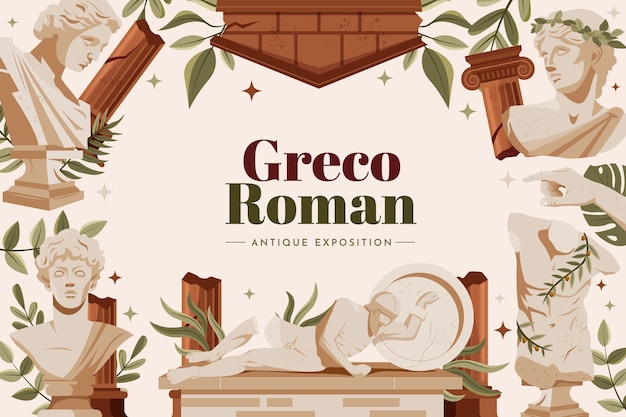 Vector hand drawn flat greco roman background with antique greek sculptures