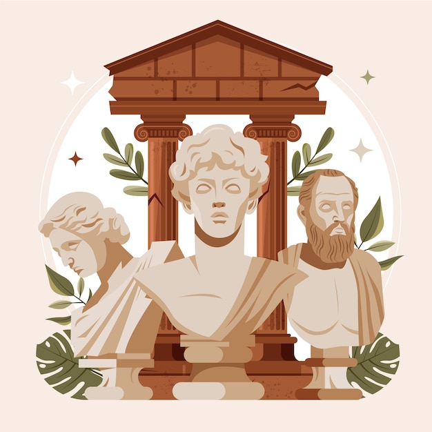 Vector hand drawn flat greco roman composition background with antique greek busts