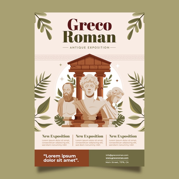 Modello di poster greco-romano piatto disegnato a mano con busti greci antichi