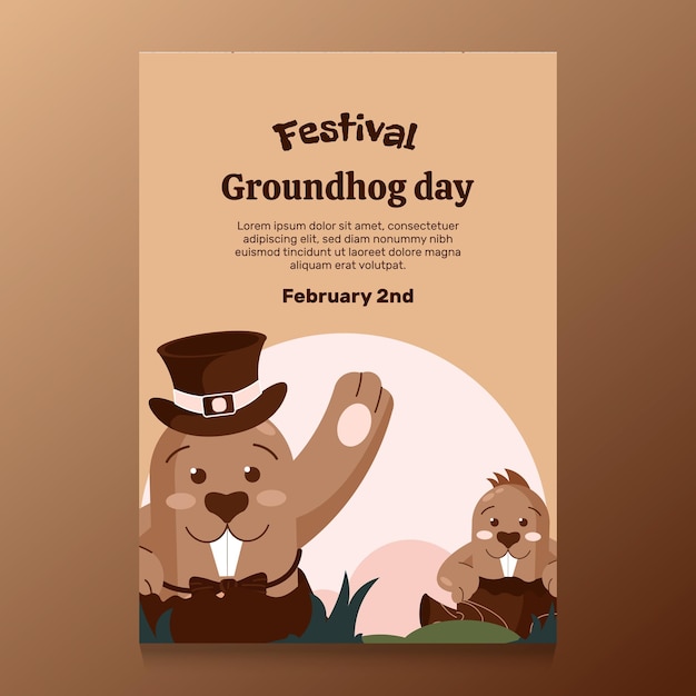 Hand drawn Flat Groundhog day greeting card
