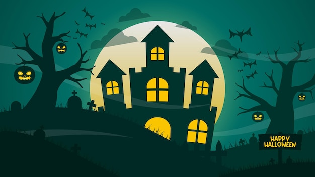 Hand drawn flat halloween background with castle and cemetery