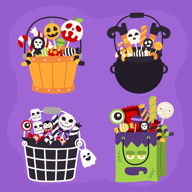 Vector hand drawn flat halloween bag collection set.