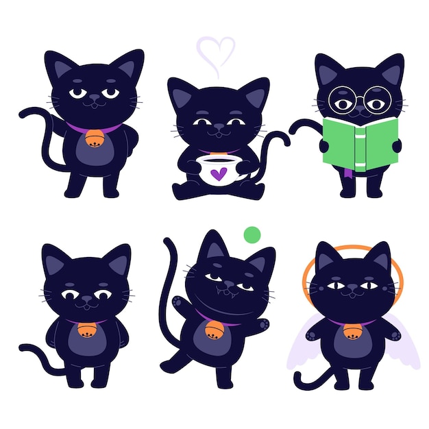 Hand drawn flat halloween black cats collection